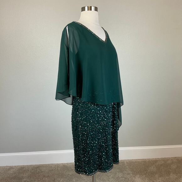 JKara Women's Cocktail Dress Size 6 Green Sequined Asymmetric Caped Mini Sheath - Picture 2 of 13